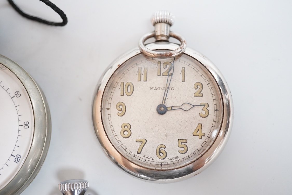 A late 1930's base metal cased Air Ministry spilt second stop watch, case diameter 60mm, together with a Swiss 935 standard open faced pocket watch, one other small white metal pocket watch and three base metal pocket wa
